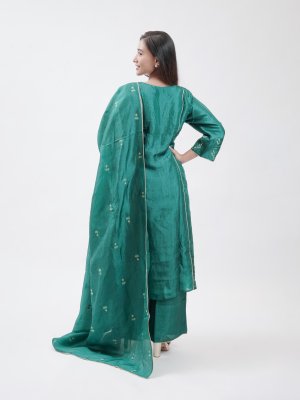 Teal Green Tussar Straight Pant  - image 4
