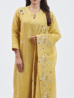  Lime Yellow Mul Chanderi Salwar Set  - image 3