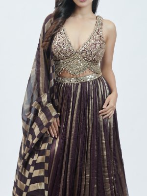 Deep Purple Tissue Party Wear Lehenga - image 3