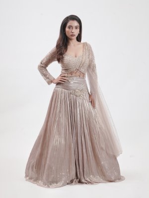 Metallic Beige Tissue Embellished Lehenga - image 2