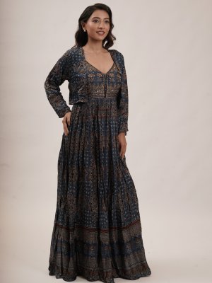 Navy Blue Modal Silk Printed Anarkali Set  - image 2