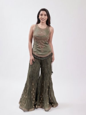 Olive Green Crepe Straight Pant - image 2