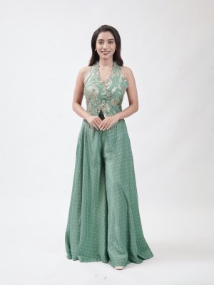 Teal Green Chanderi Palazzo - image 2