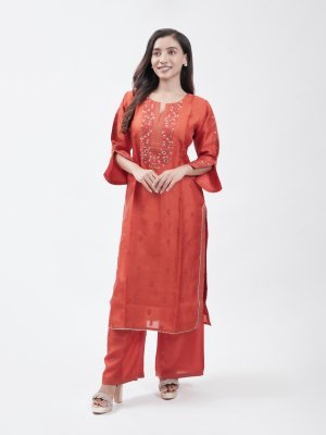 Tomato Red Tussar Straight Pant  - image 3