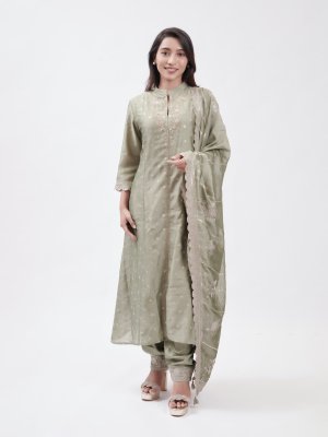 Olive Green Crepe Straight Pant - image 2