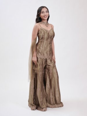 Olive Green Velvet Embroidered Palazzo Set  - image 3
