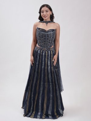 Navy Blue Tri-Colour Tissue Lehenga  - image 1