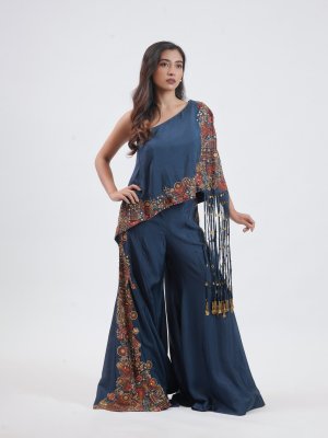 Navy Blue Chanderi Silk Cape Co-ord - image 2