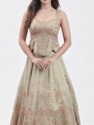 Light Olive Tissue Organza Embellished Lehenga - image 3
