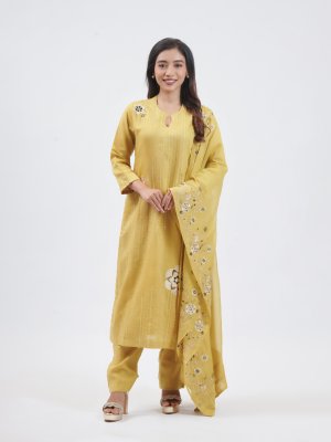  Lime Yellow Mul Chanderi Salwar Set  - image 1