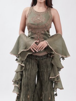 Olive Green Crepe Straight Pant - image 3