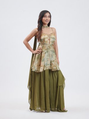 Olive Green Shimmer Chiffon Palazzo - image 2