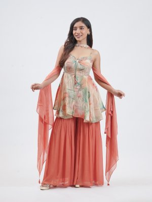 Peach Green Shimmer Chiffon Palazzo  - image 1