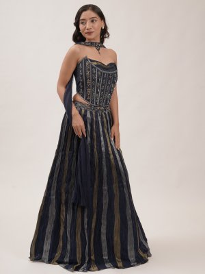 Navy Blue Tri-Colour Tissue Lehenga  - image 2