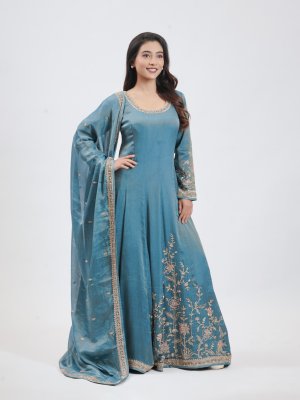 Greyish Blue Tissue Party Gown - image 2