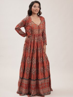Brick Red Modal Silk Anarkali Set - image 2
