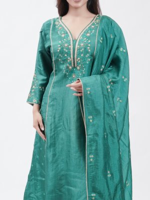 Teal Green Tussar Straight Pant  - image 3