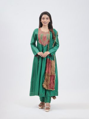 Forest Green Chanderi Silk Straight Pant - image 1