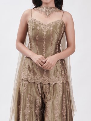 Olive Green Velvet Embroidered Palazzo Set  - image 2