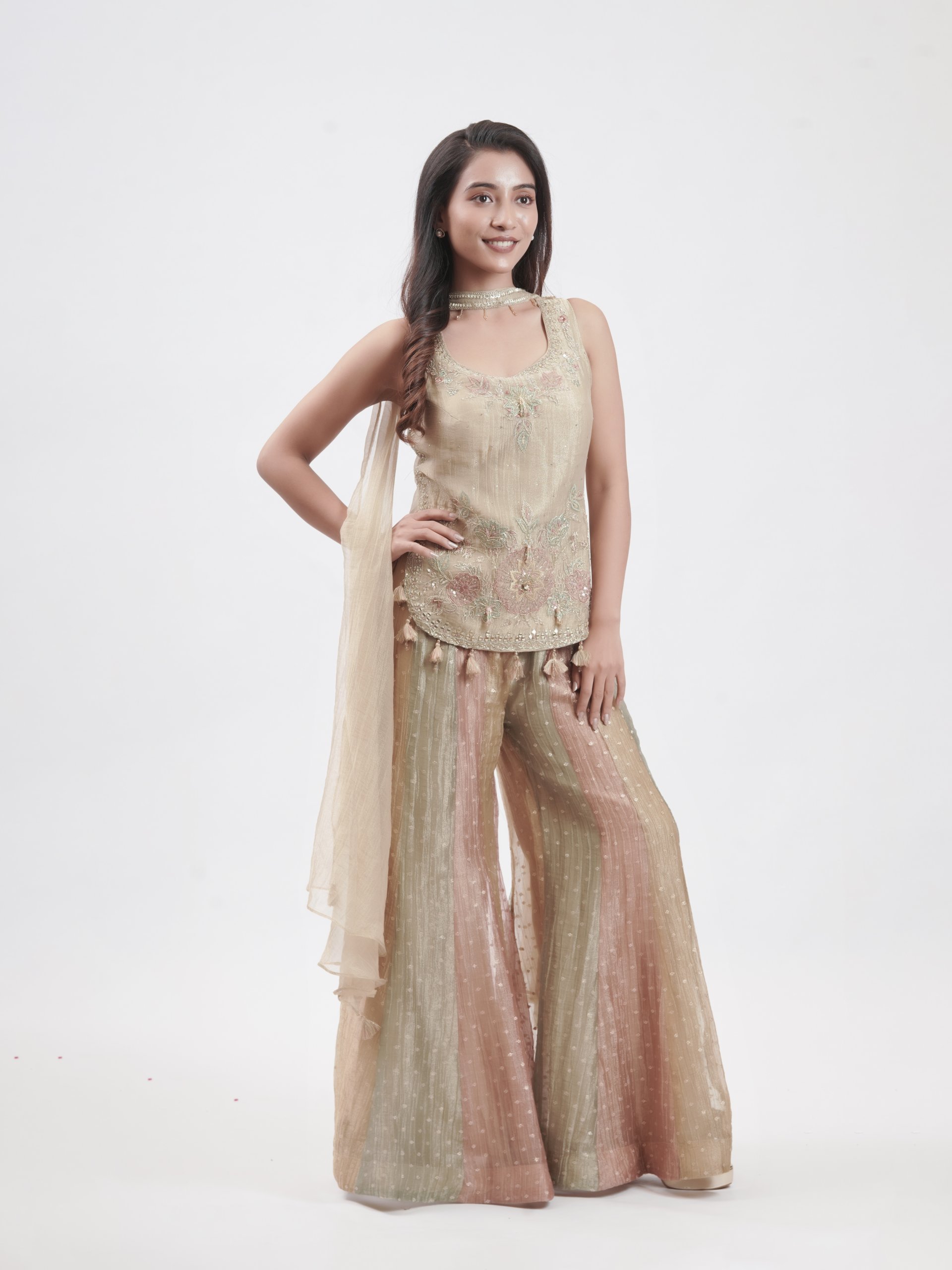 Dull Gold Tissue Palazzo Ensemble  