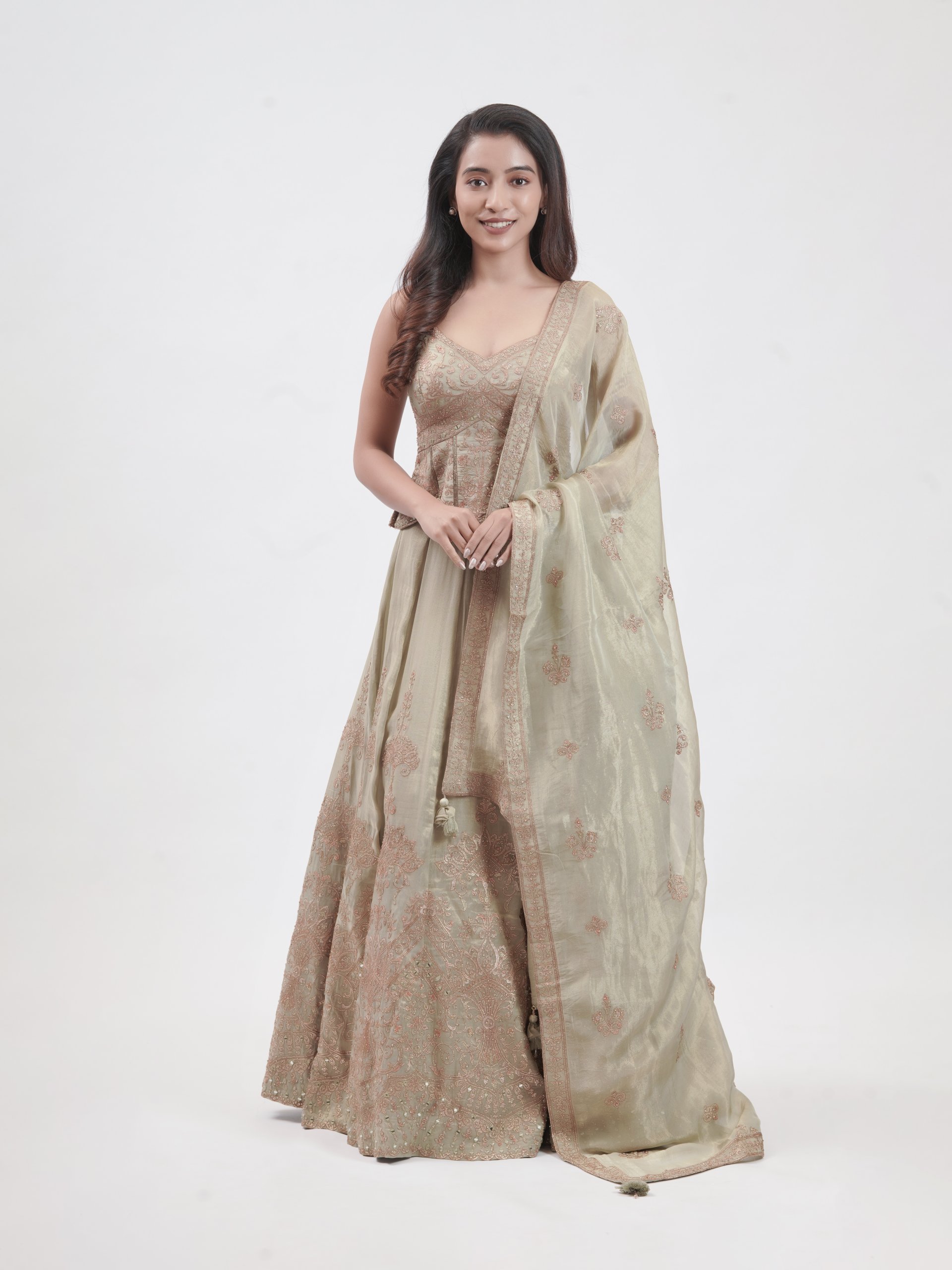 Light Olive Tissue Organza Embellished Lehenga