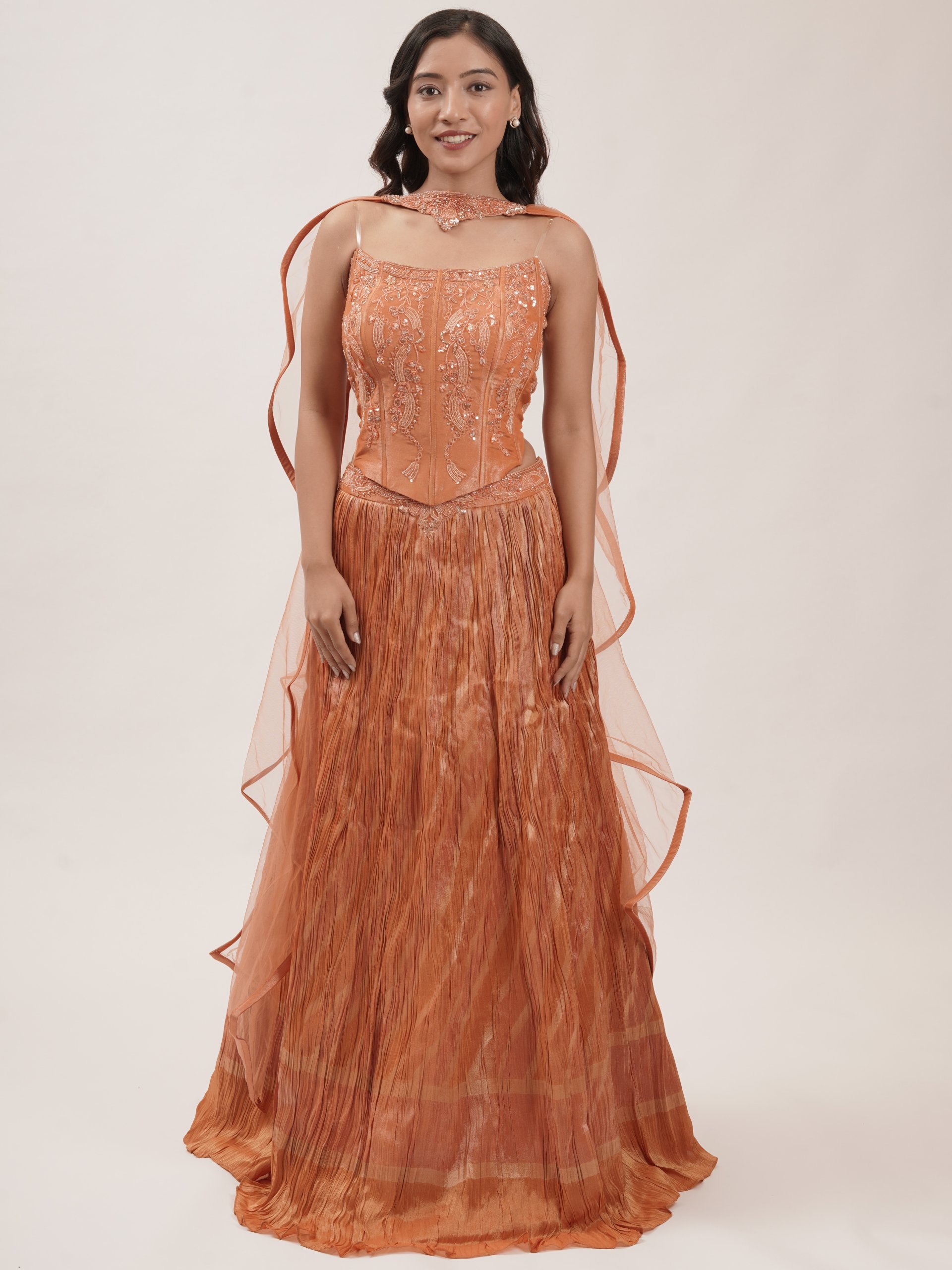 Rust Tissue Lehenga 