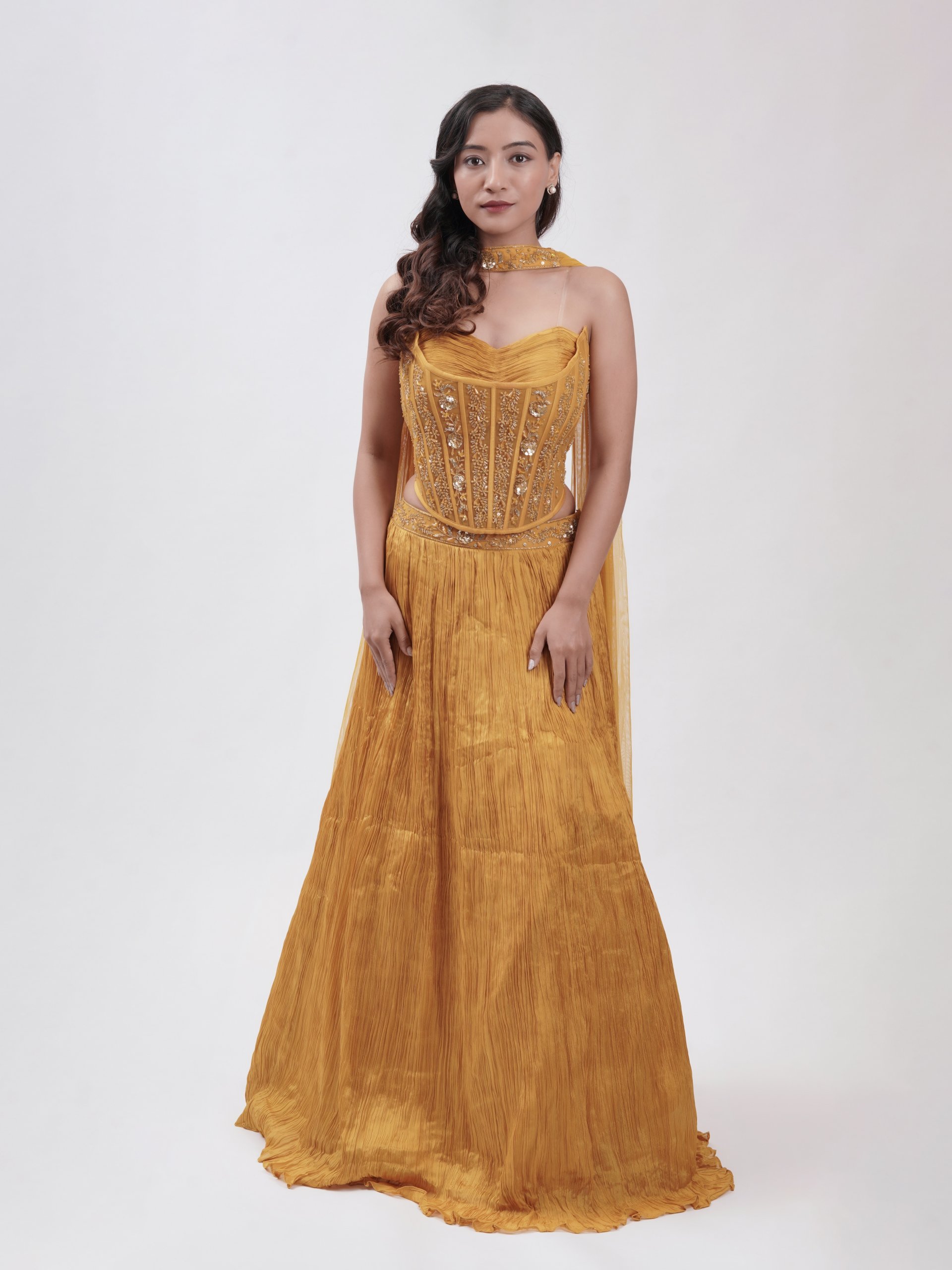 MUSTARD YELLOW CORSET  LEHENGA