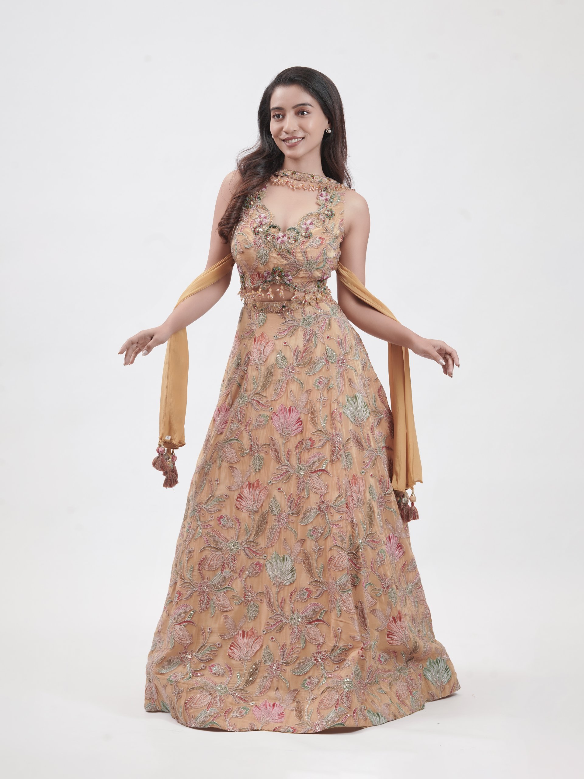 Mustard Crepe Floral Embroidered Lehenga