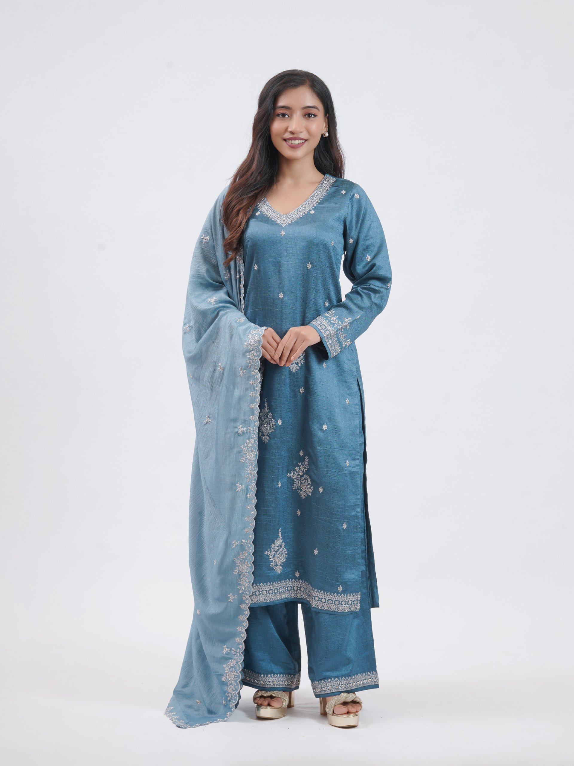 Greyish Blue Raw Silk Straight Pant
