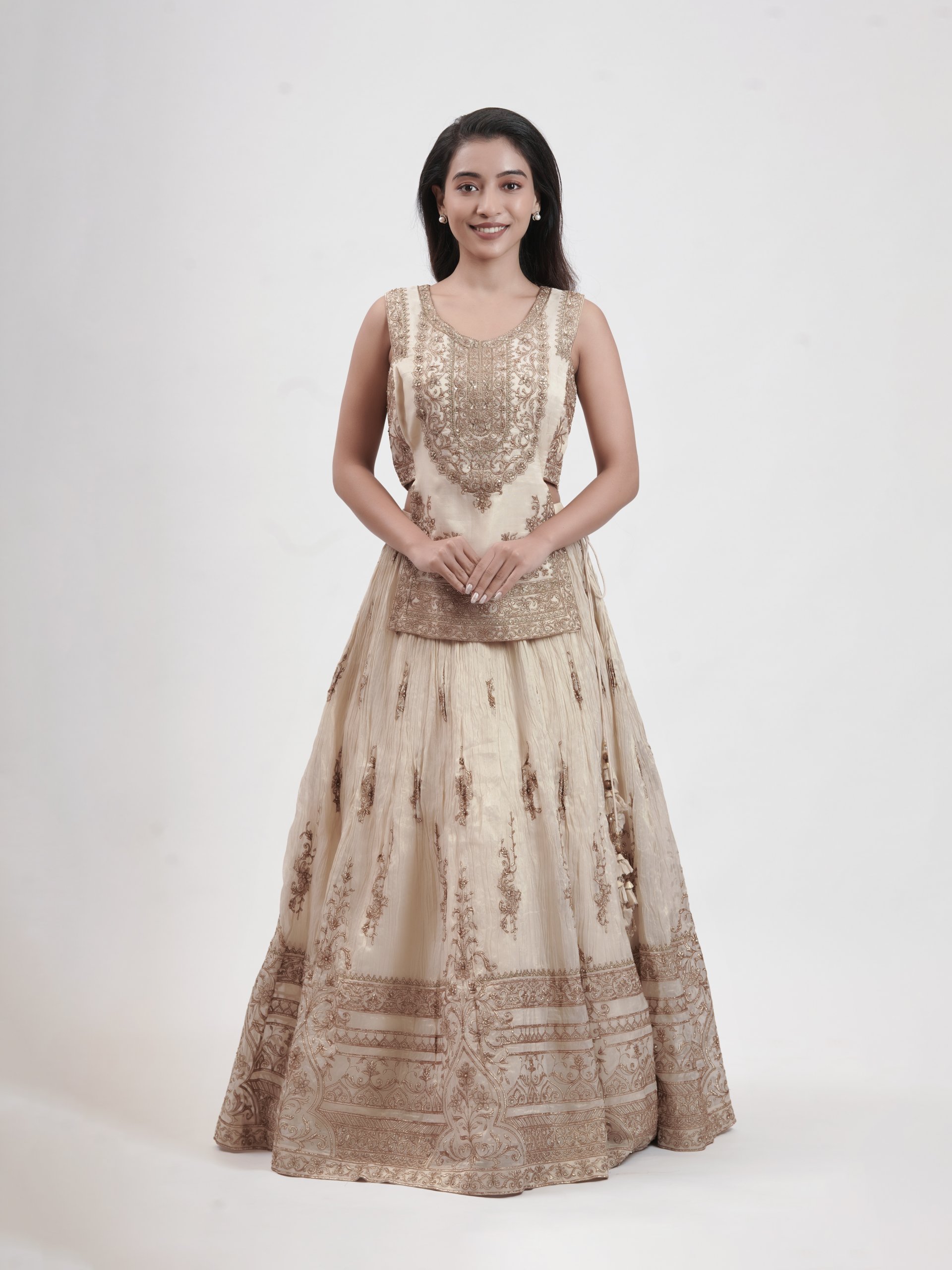 Cream Tissue Leaf-Neck Lehenga