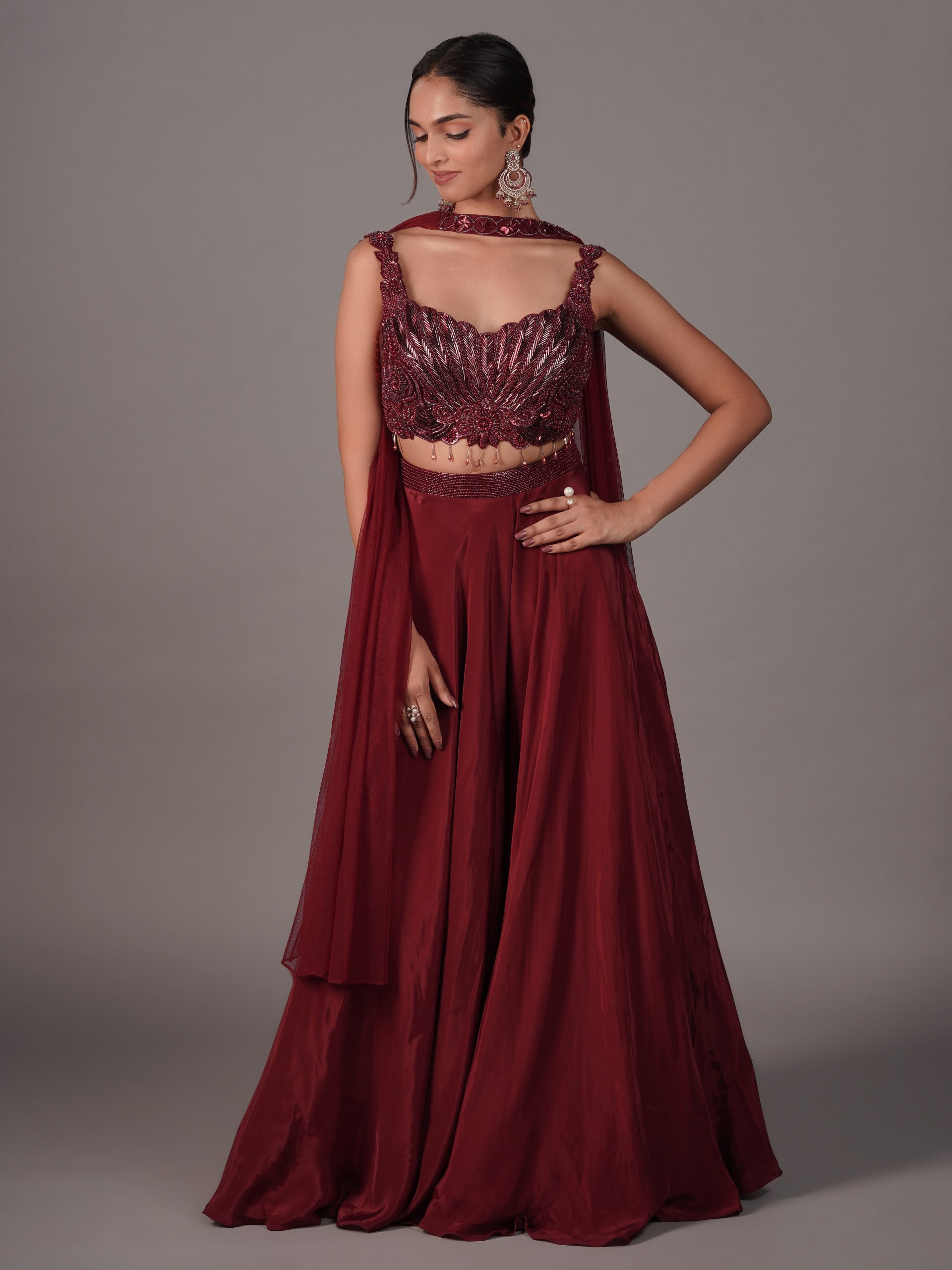Crimson Maroon Satin Crepe Crop Top & Palazzo Set 
