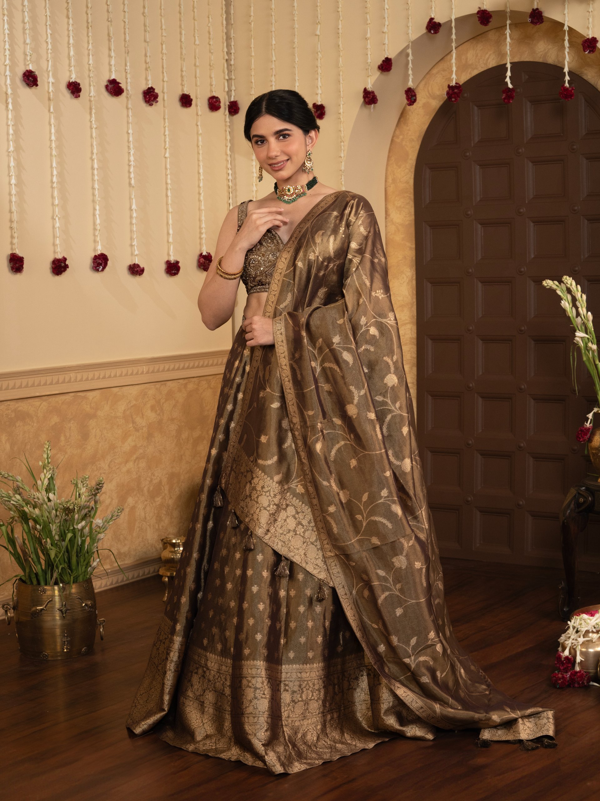 Mehendi green tissue lehenga 