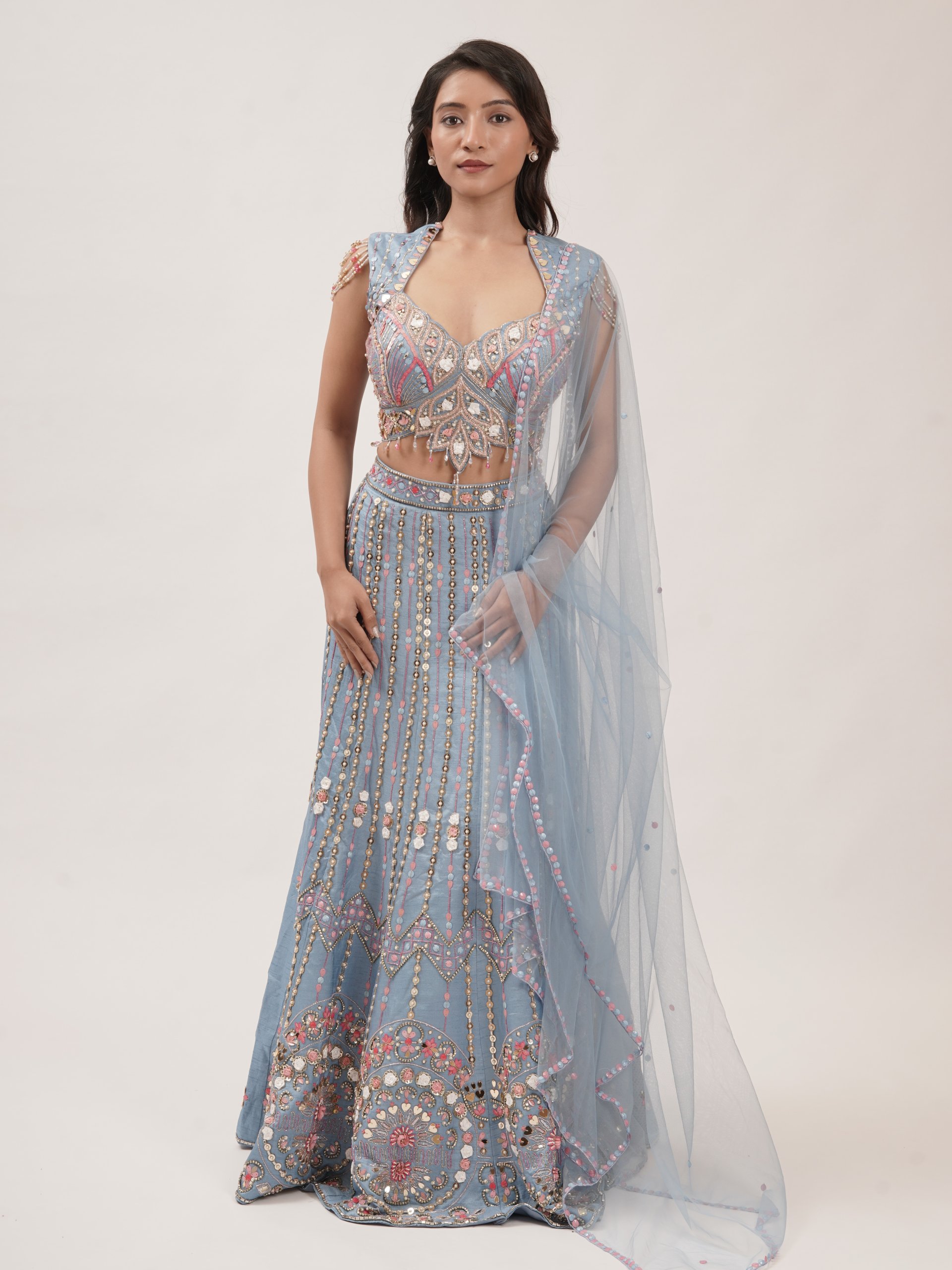 Steel Blue Raw Silk Lehenga