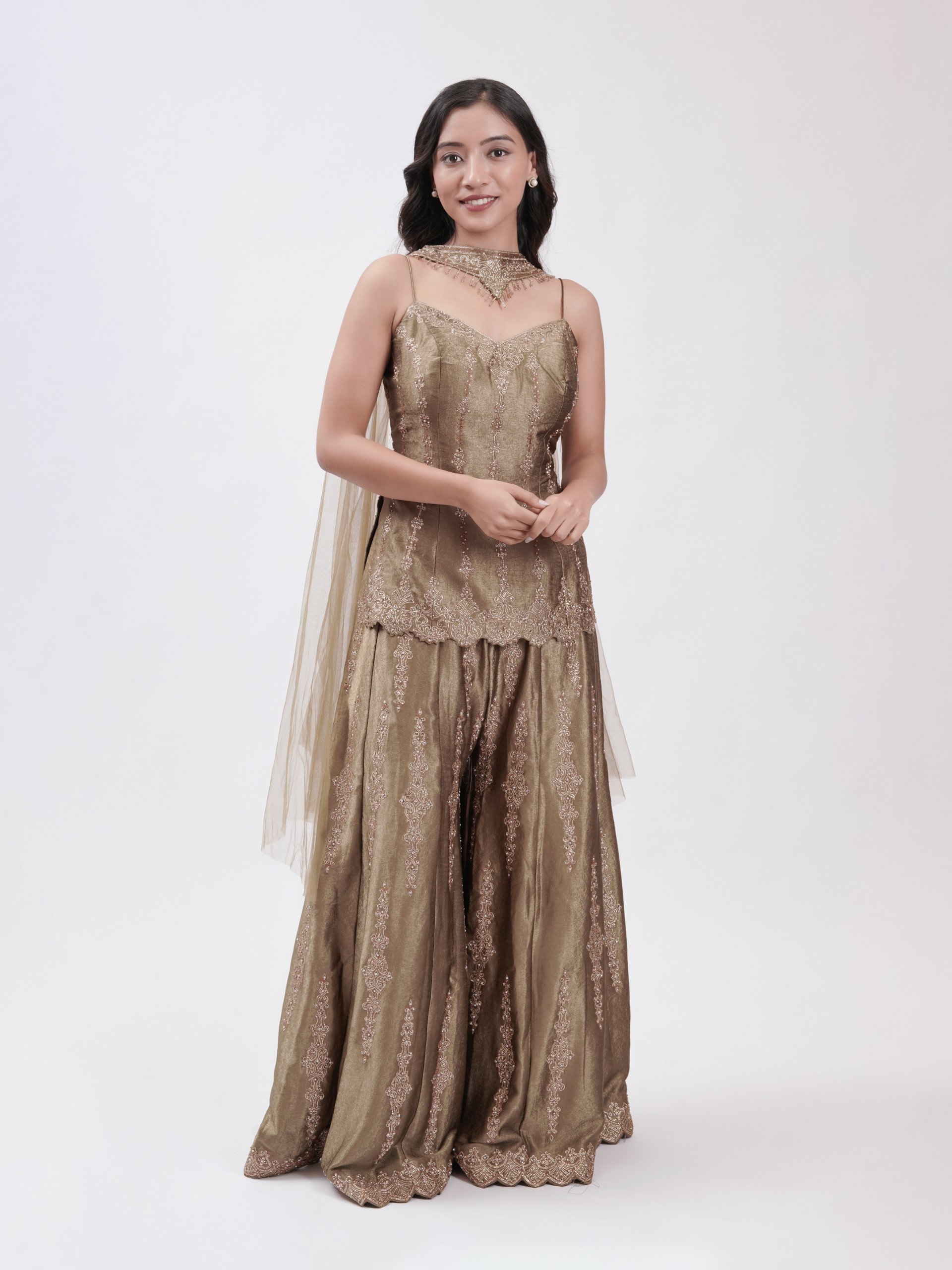 Olive Green Velvet Embroidered Palazzo Set 