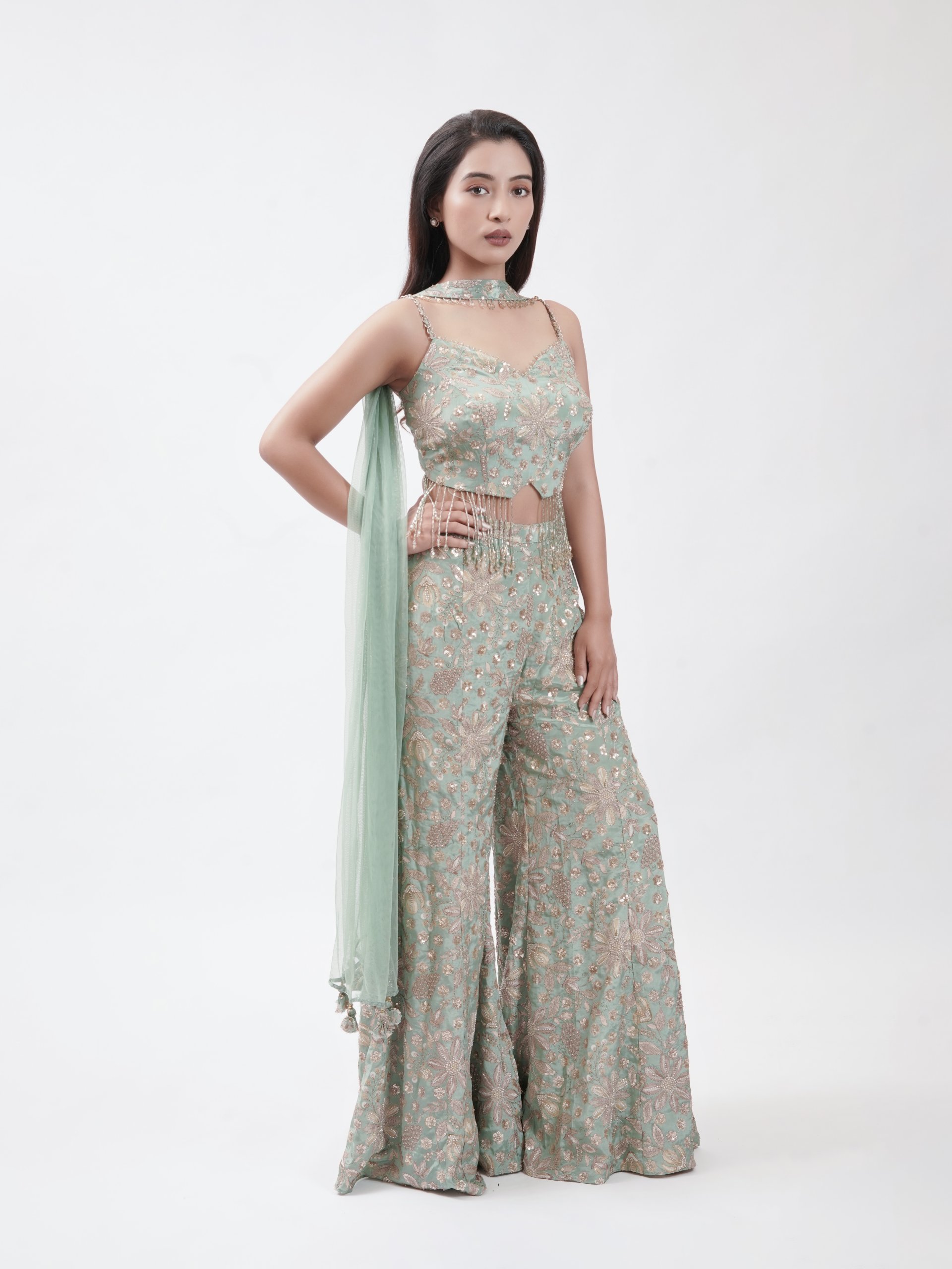 Teal Blue Satin Crepe Palazzo