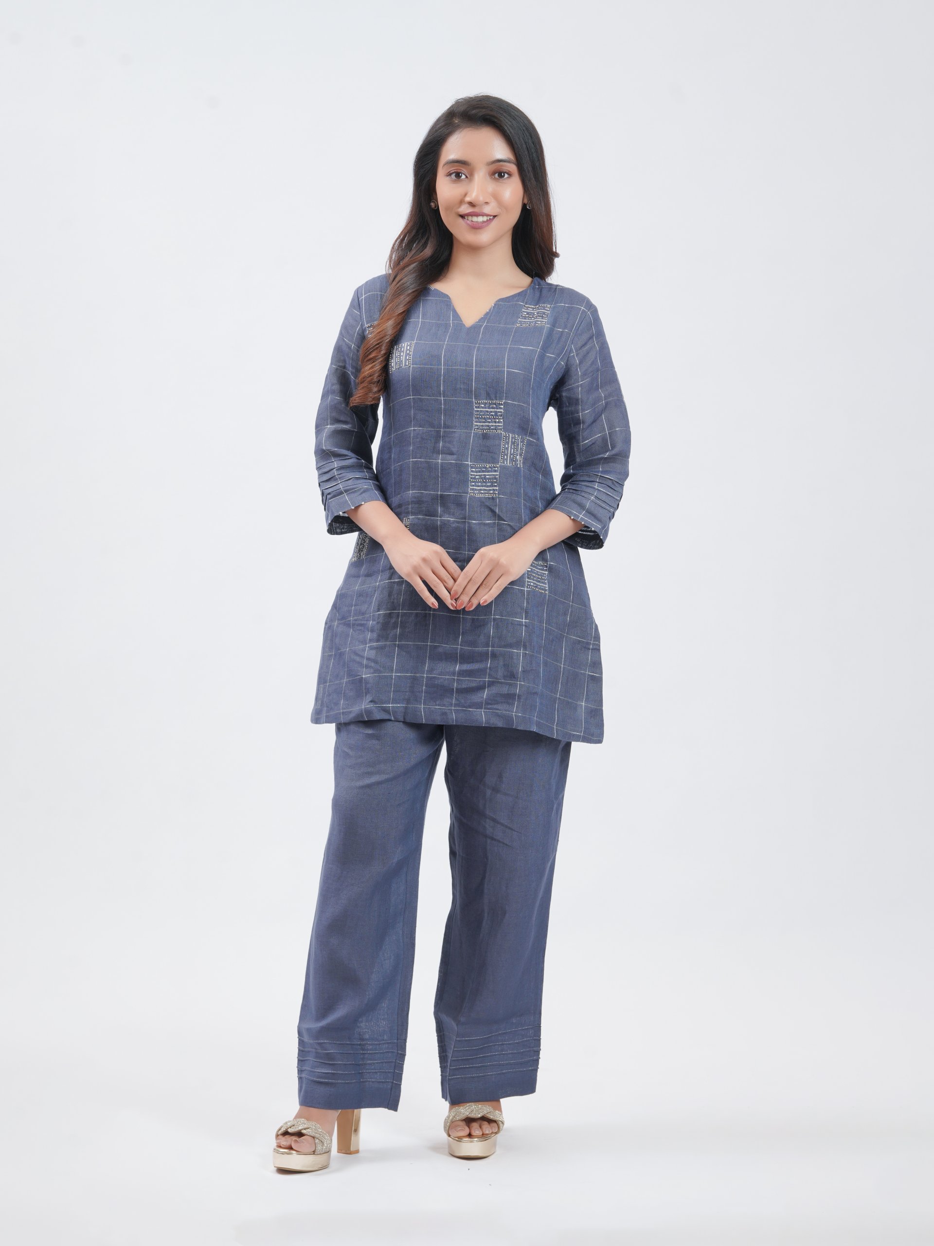 Navy Blue Checked Linen Plazzo