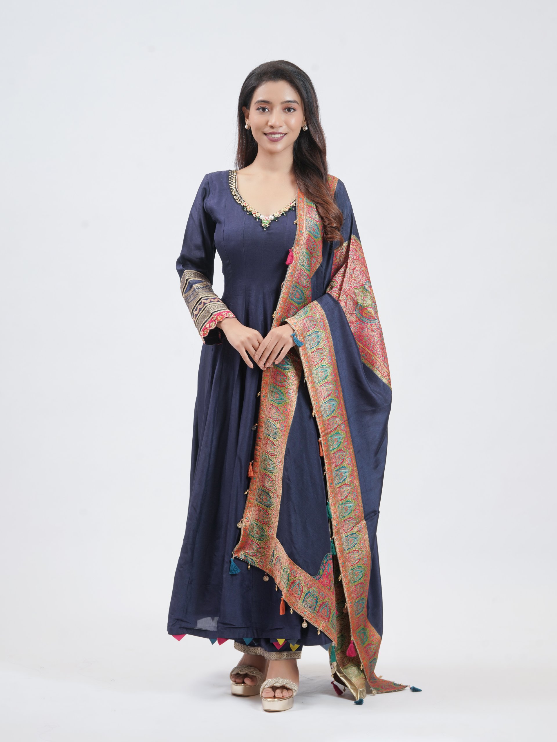 Navy Blue Chanderi Silk Straight Pant