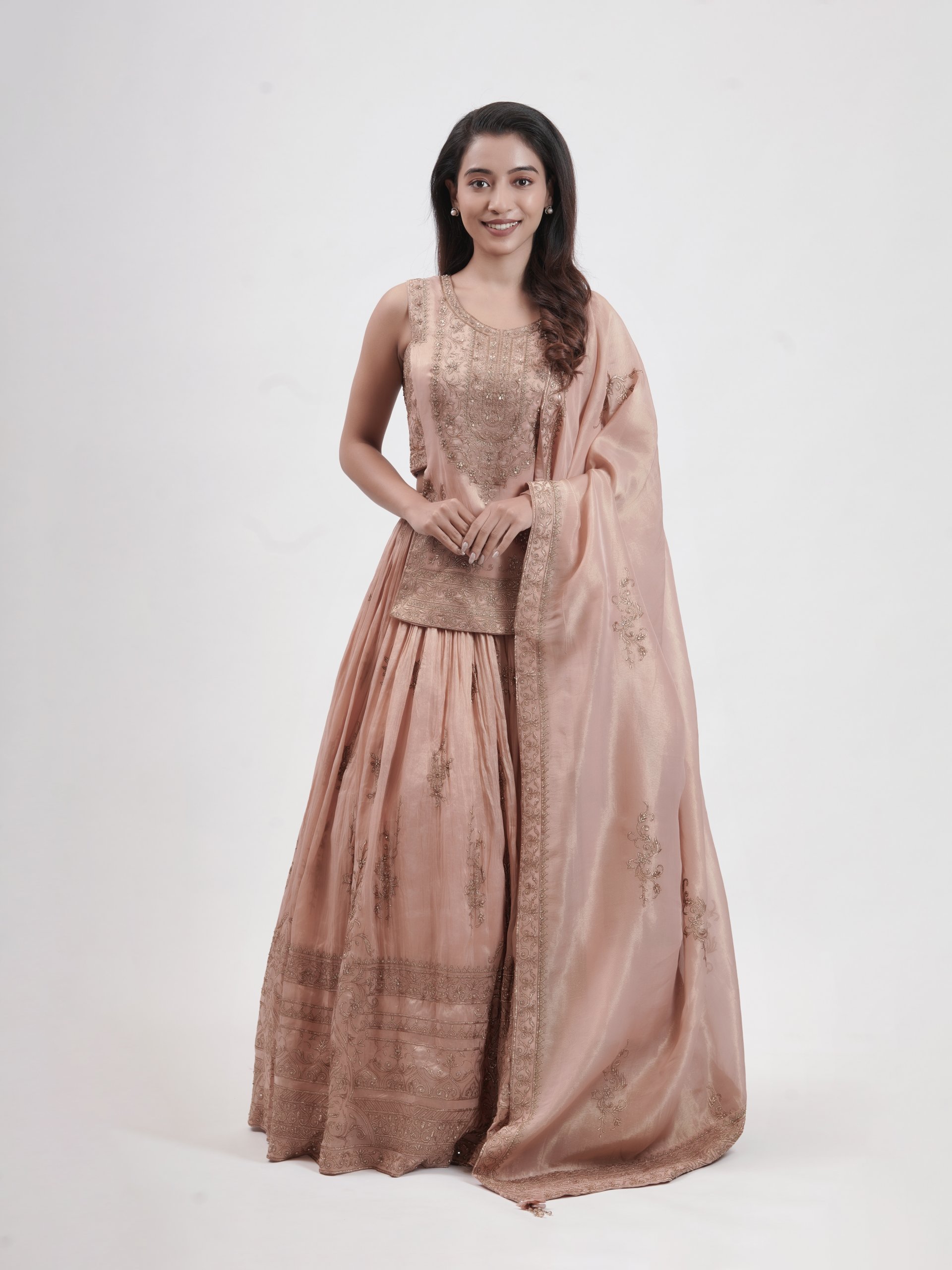 Peach Tissue Leaf-Neck Lehenga