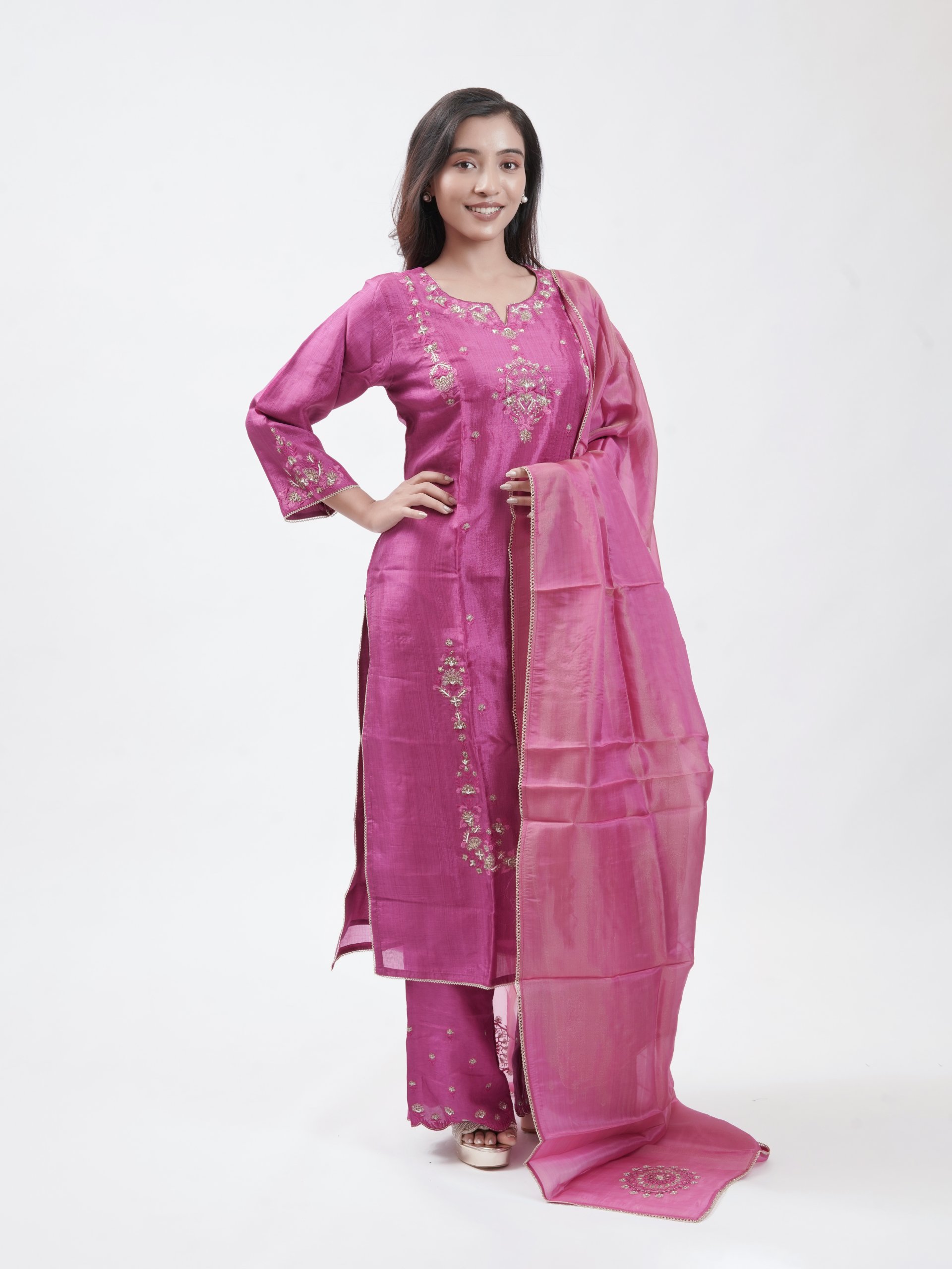 Purple Pink Tussar Straight Pant    