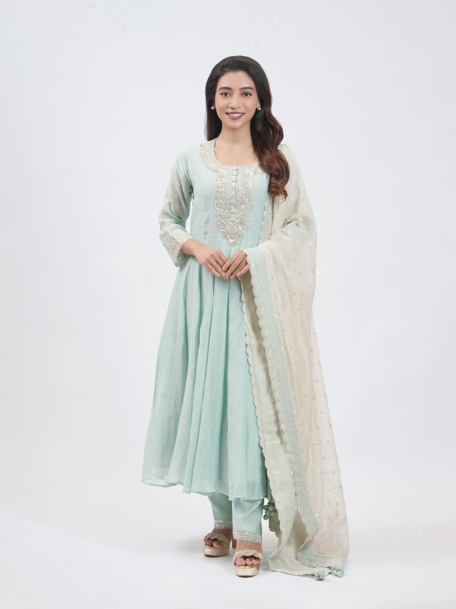 Teal Blue Mul Chanderi  Straight pant