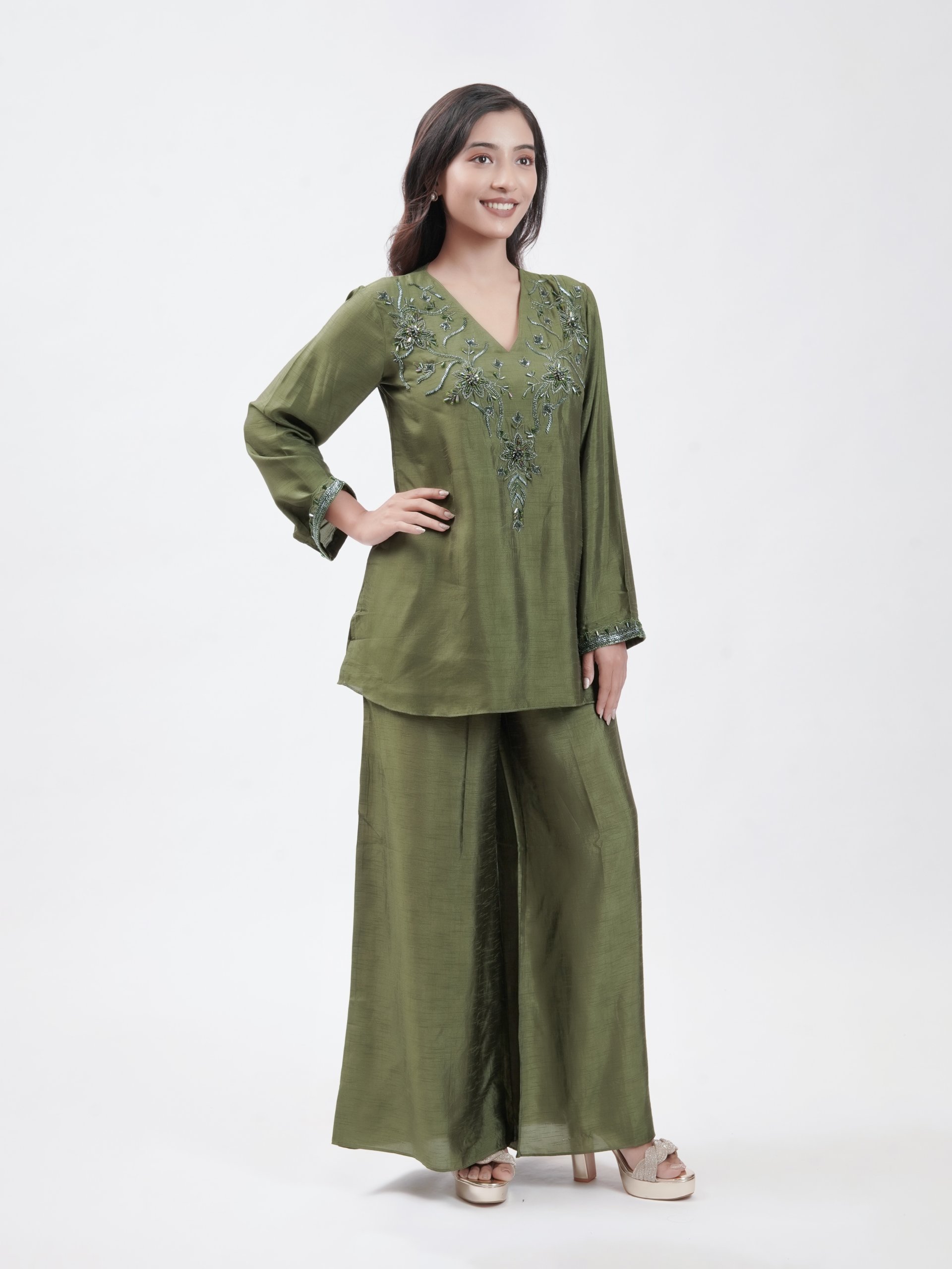 Olive Green Raw Silk Palazzo 