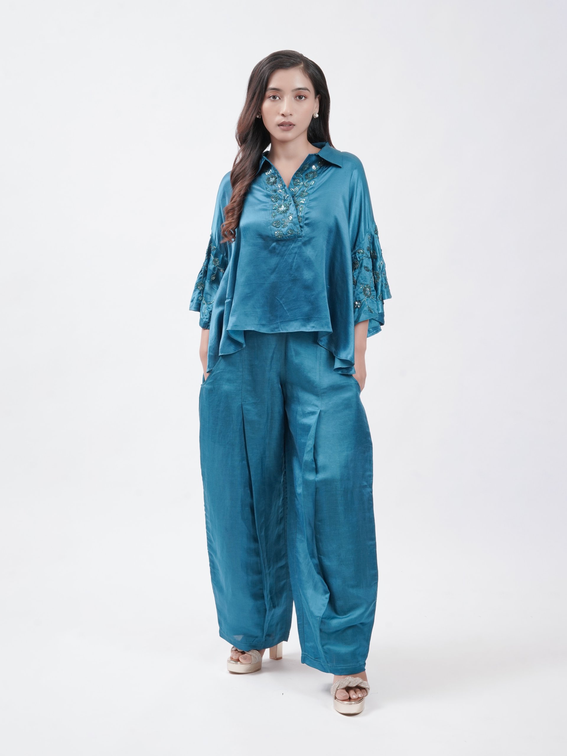 Peacock Blue Satin Dhoti