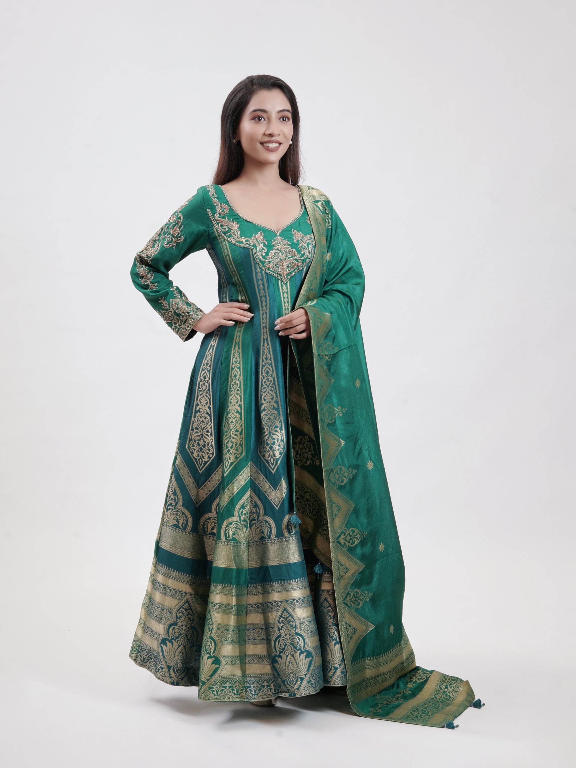 Forest Green Chanderi Straight Pant