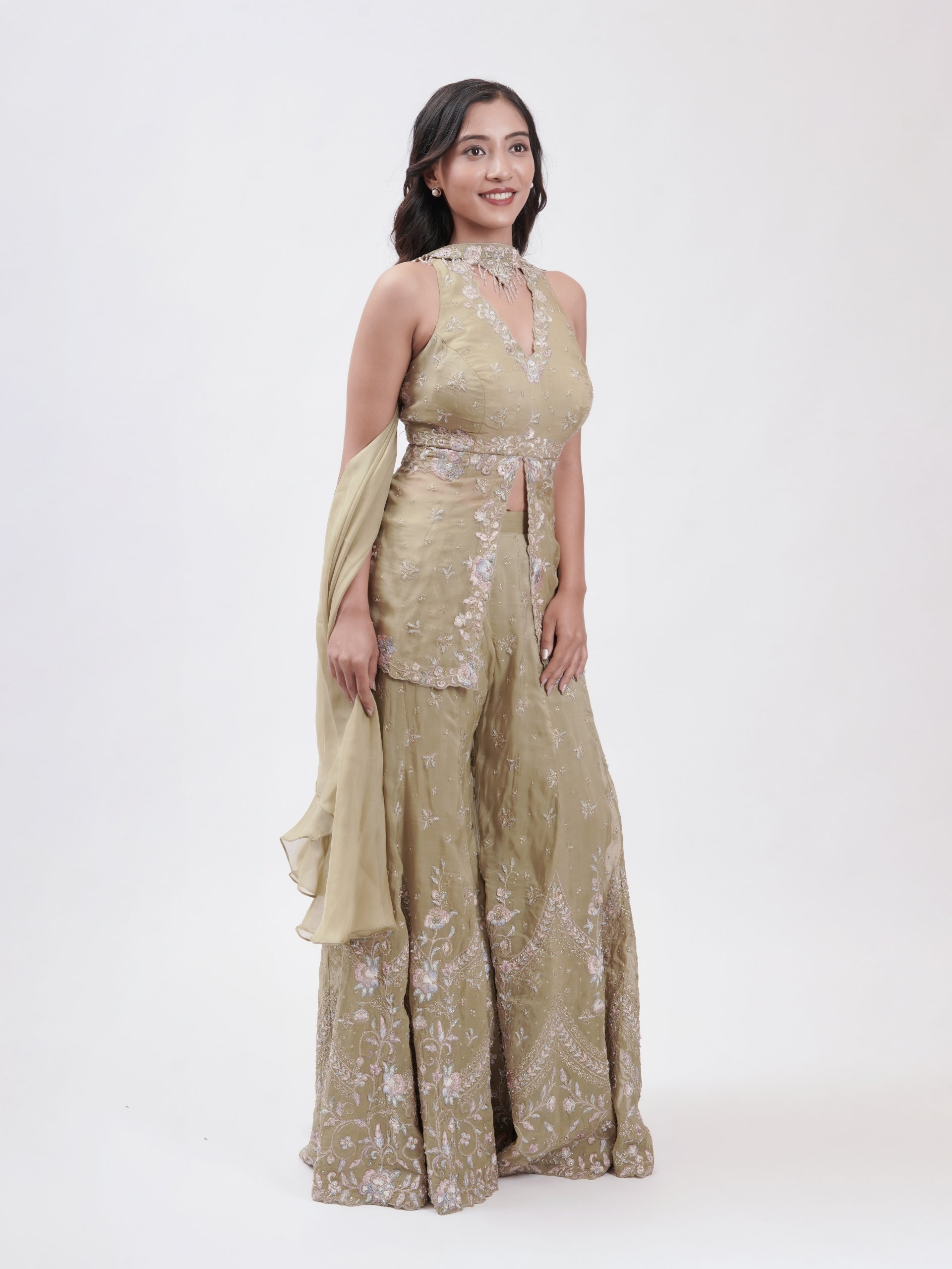 Olive Green Soft Organza Palazzo Set