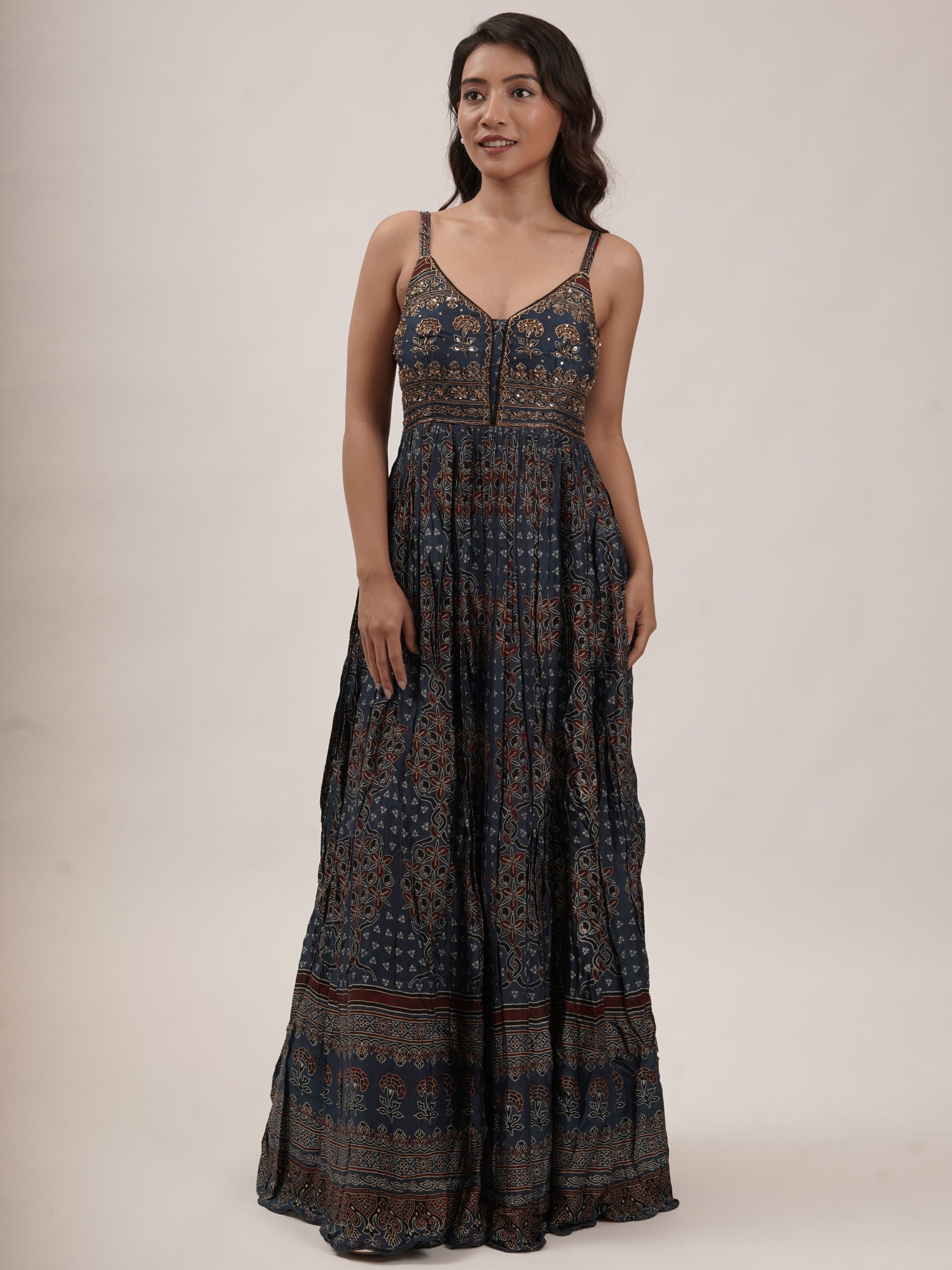 Navy Blue Modal Silk Printed Anarkali Set 