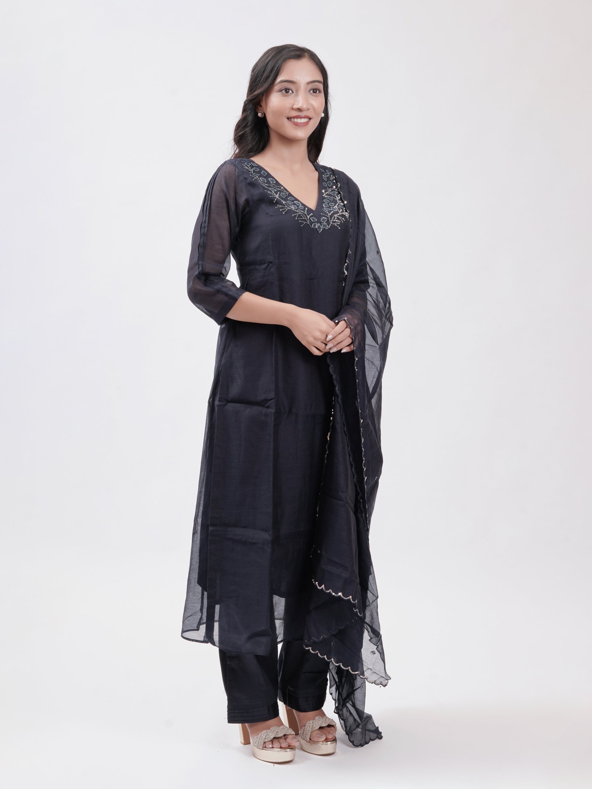 Navy Blue Chanderi Kurta Set 