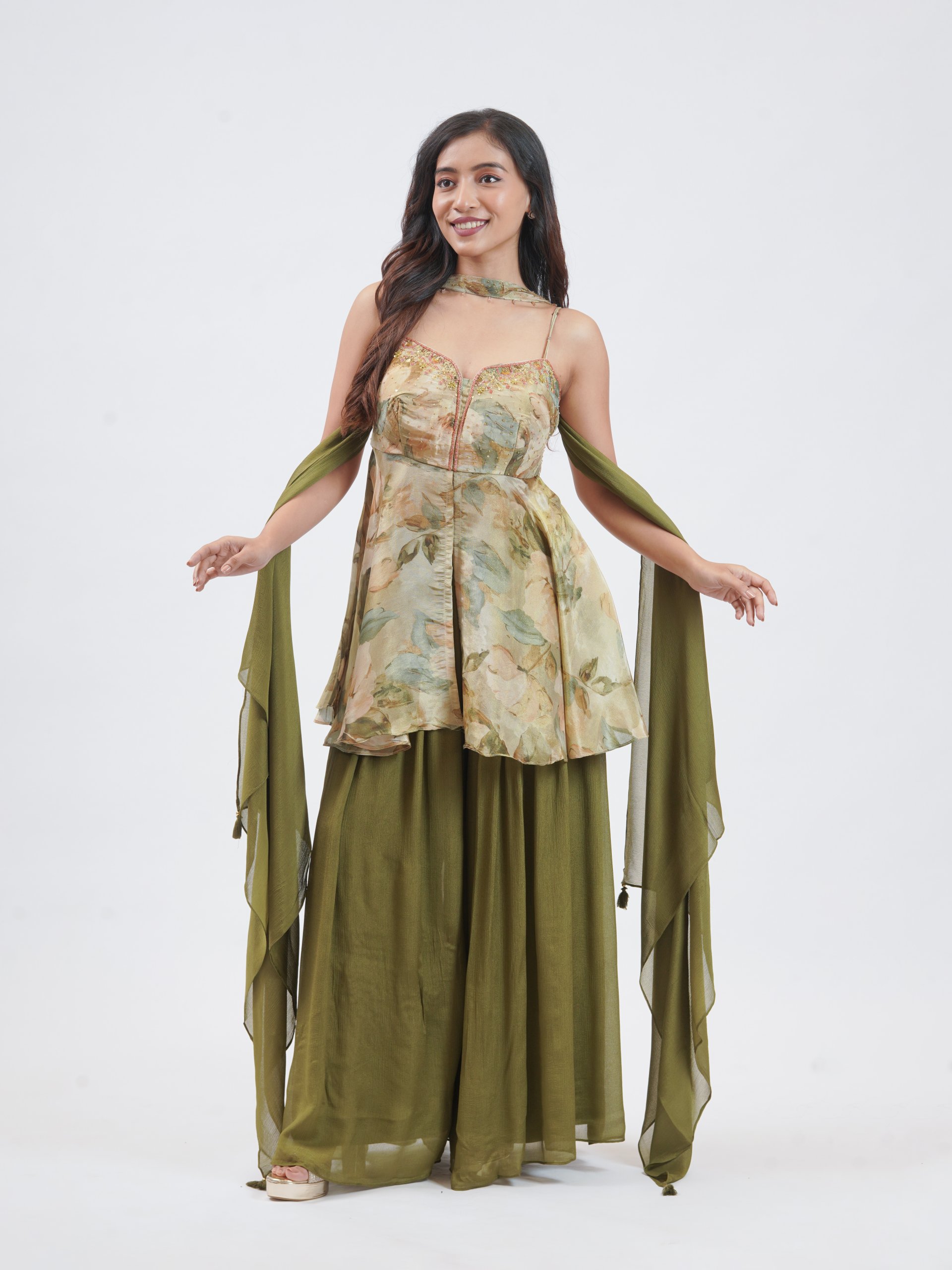 Olive Green Shimmer Chiffon Palazzo