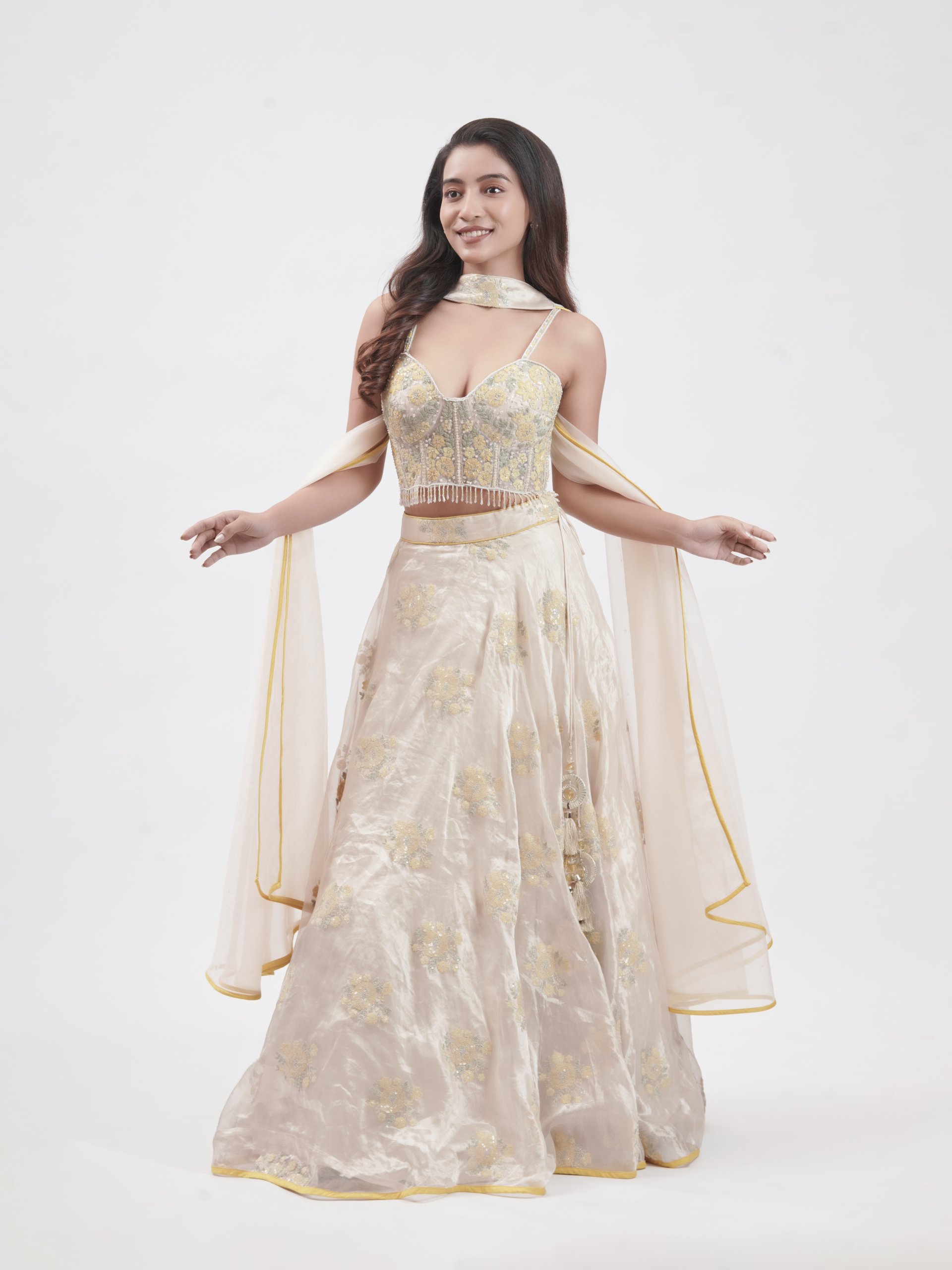 Half-White Organza Embroidered Lehenga