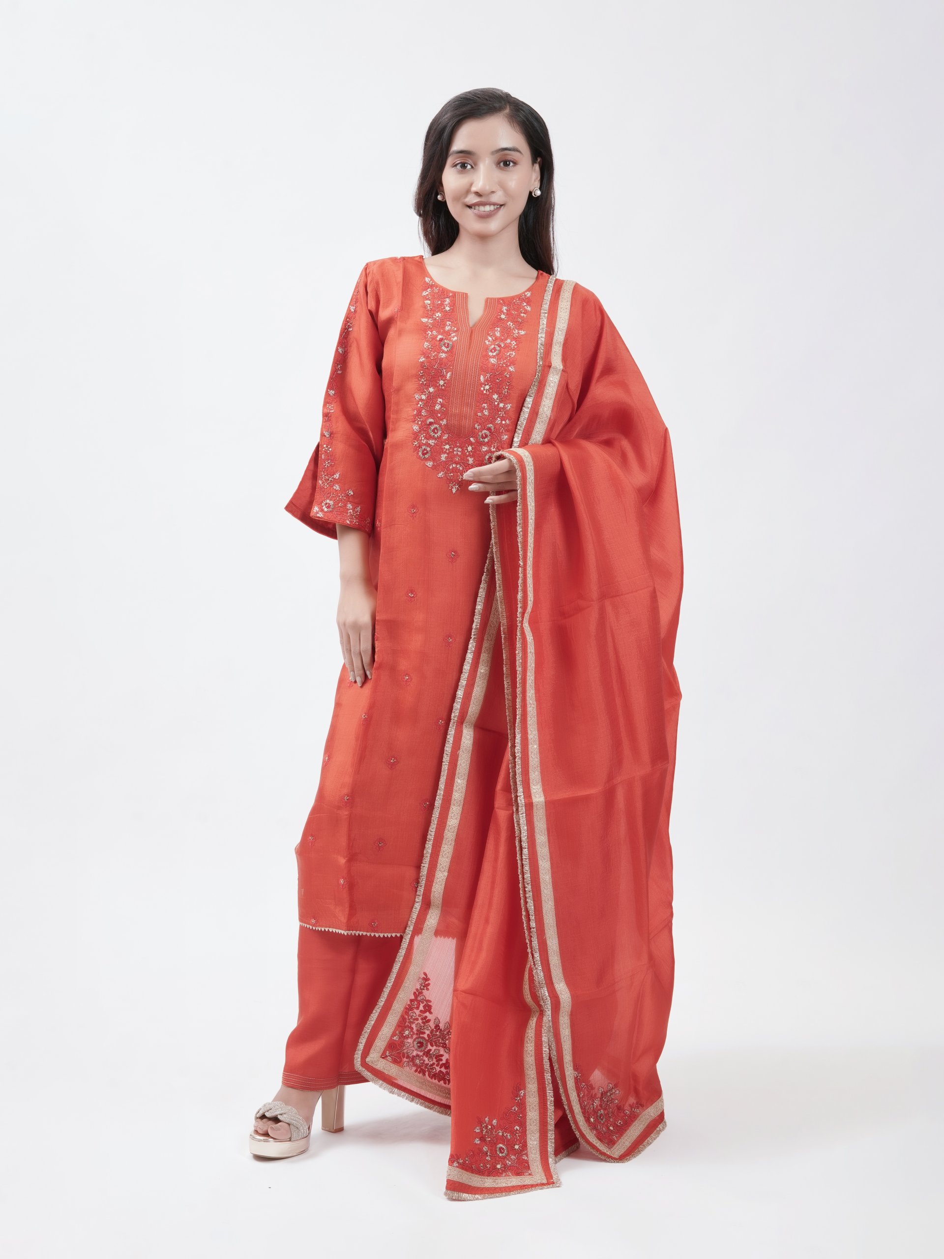 Tomato Red Tussar Straight Pant 