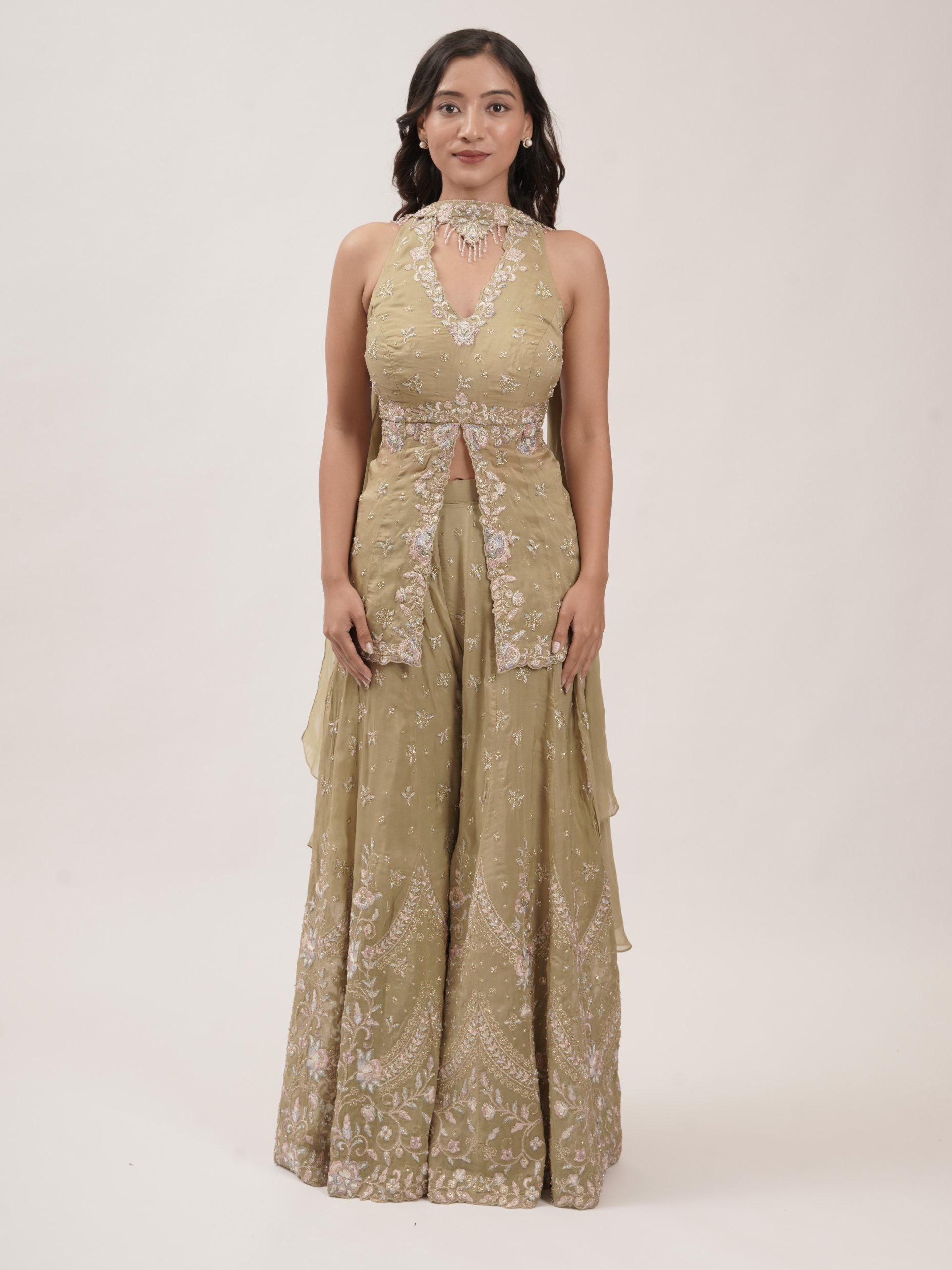 Olive Green Soft Organza Palazzo Set